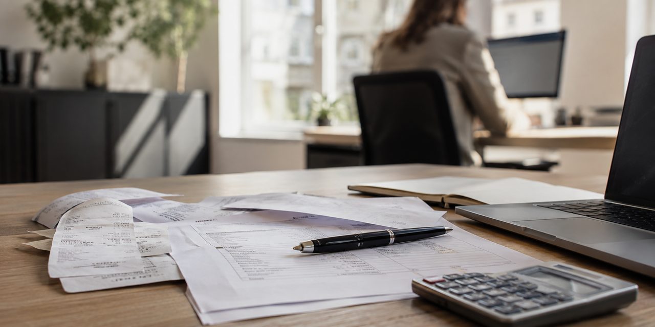 Receipts, invoices and a calculator on a desk during ongoing bookkeeping