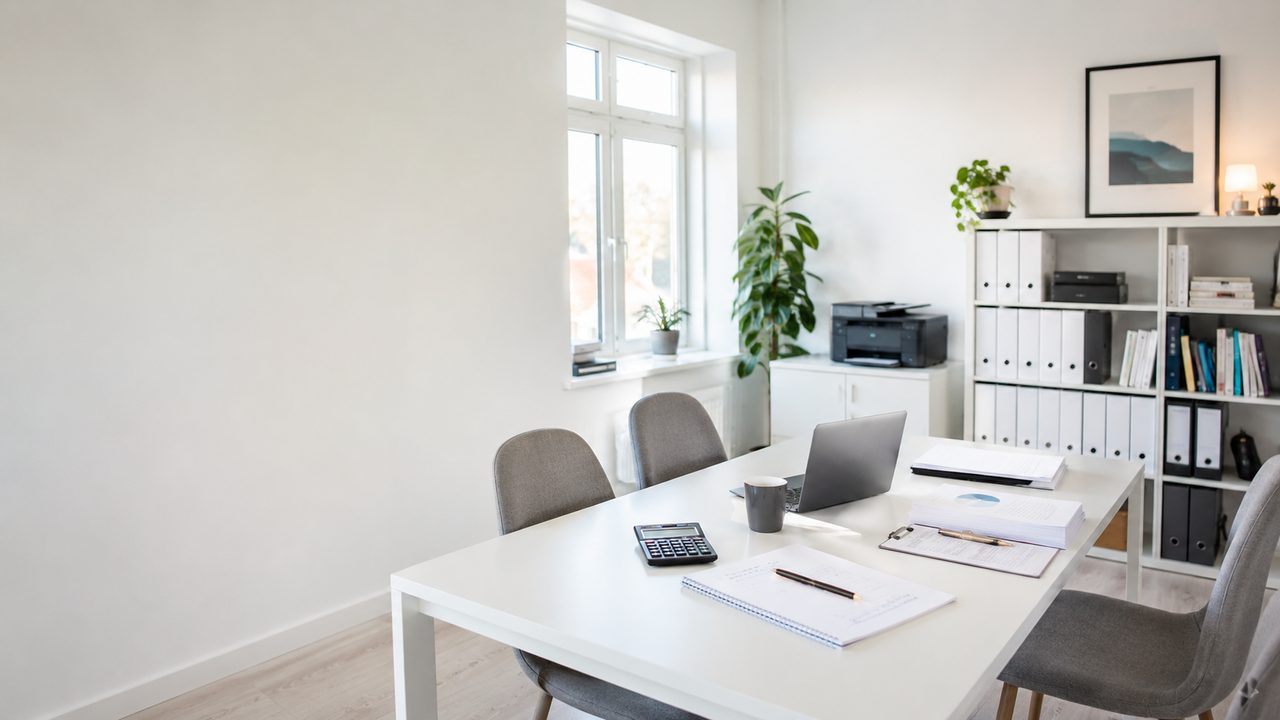 A bright meeting room with a laptop, calculator and ring binders at an accounting firm